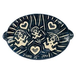 1991 Blue and White Pottery Platter Tray by Pamela Black, Vintage, Hearts